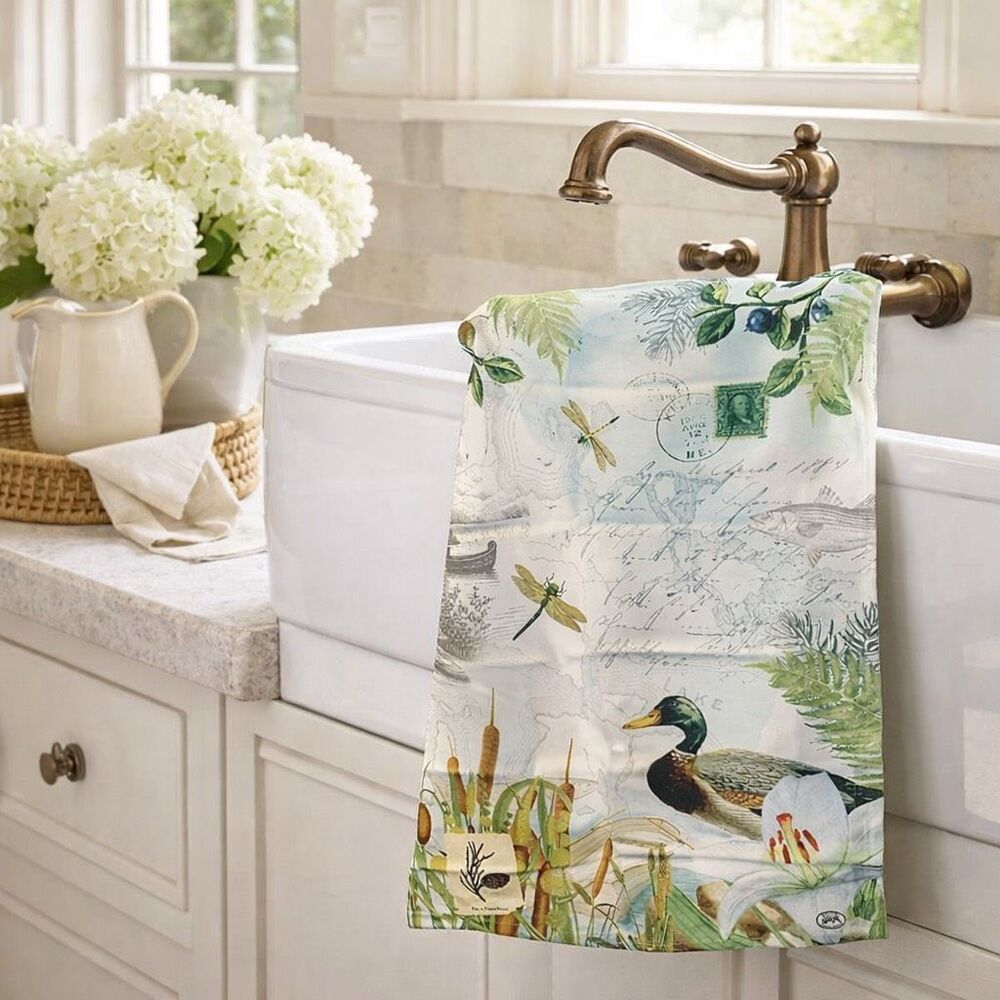 Michel Design Works By the Lake Tea Towel Cotton Duck Cottage Kitchen Decor NWT